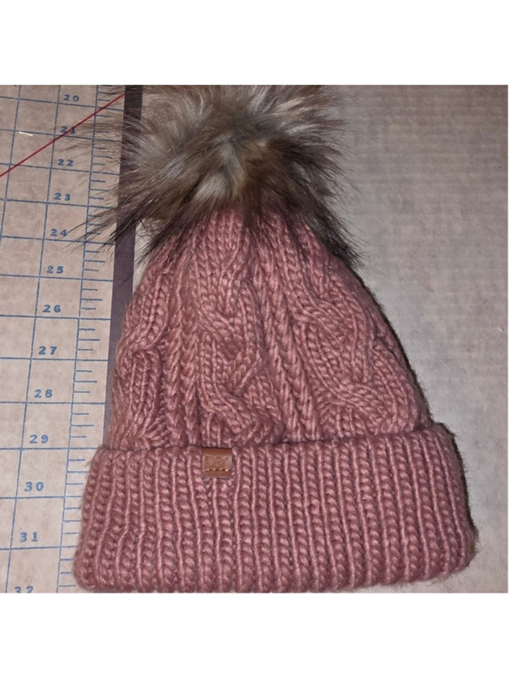 David and Young Pink Cable Knit Beanie with Faux Fur Pom Pom
